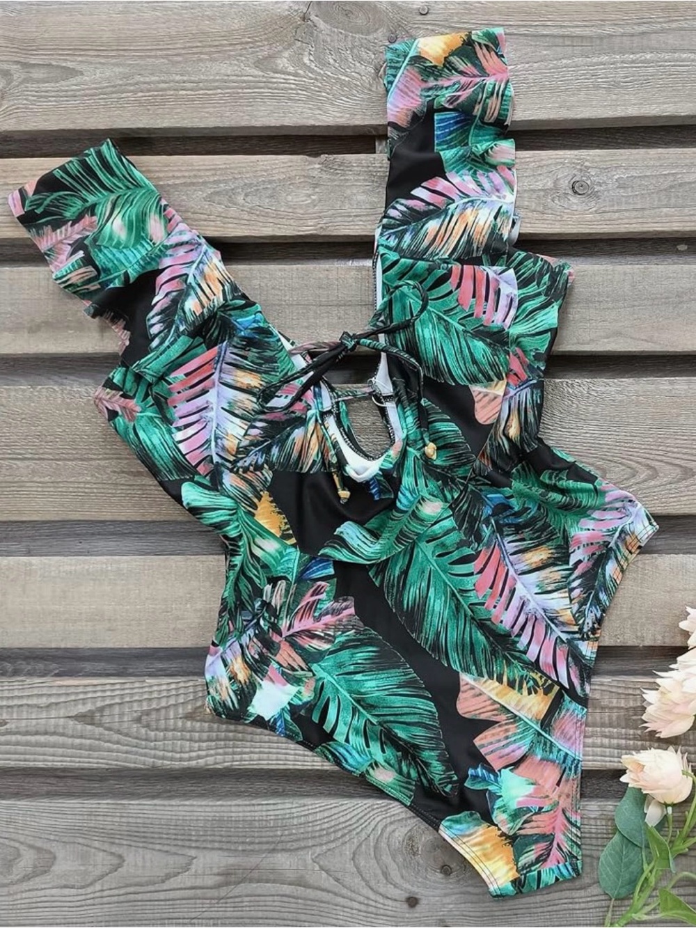 Tropical Leaf Ruffle One-Piece Swimsuit -Sporlike NWT